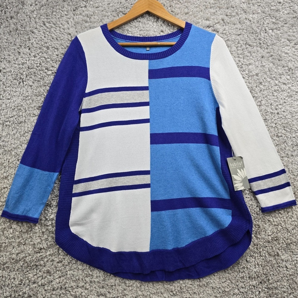 Habitat Colorblock Sweater Womens M Azure Blue Cotton Striped Crew Neck Boho